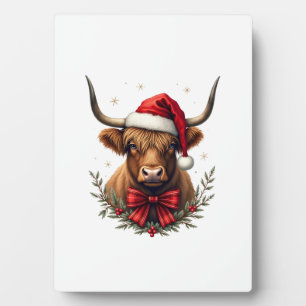Vintage Christmas Highland Cow in Santa Hat Rustic Plaque