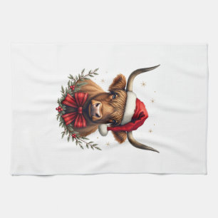 Vintage Christmas Highland Cow in Santa Hat Rustic Tea Towel