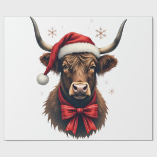 Vintage Christmas Highland Cow in Santa Hat Rustic Wrapping Paper