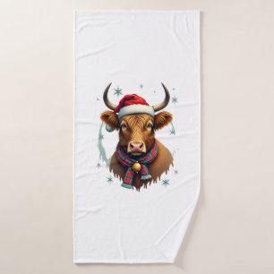 Vintage Christmas Highland Cow Santa Hat Colourful Bath Towel
