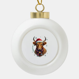 Vintage Christmas Highland Cow Santa Hat Colourful Ceramic Ball Christmas Ornament