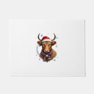 Vintage Christmas Highland Cow Santa Hat Colourful Doormat