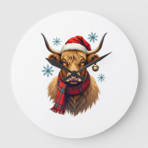 Vintage Christmas Highland Cow Santa Hat Colourful Large Clock