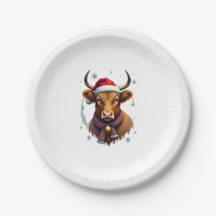 Vintage Christmas Highland Cow Santa Hat Colourful Paper Plate