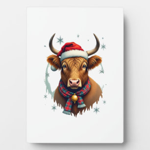 Vintage Christmas Highland Cow Santa Hat Colourful Plaque