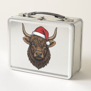 Vintage Christmas Highland Cow Santa Hat Shirt_1 Metal Lunch Box