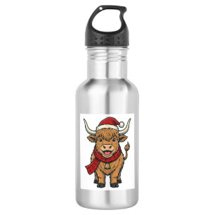 Vintage Christmas Highland Cow Santa Hat Vector_1 532 Ml Water Bottle