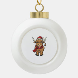 Vintage Christmas Highland Cow Santa Hat Vector_1 Ceramic Ball Christmas Ornament