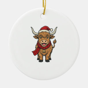 Vintage Christmas Highland Cow Santa Hat Vector_1 Ceramic Ornament