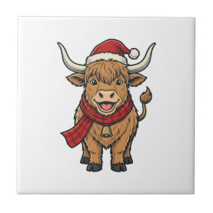Vintage Christmas Highland Cow Santa Hat Vector_1 Ceramic Tile