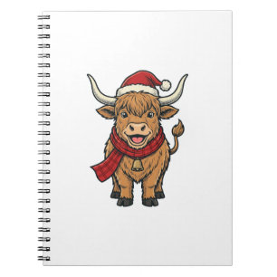 Vintage Christmas Highland Cow Santa Hat Vector_1 Notebook