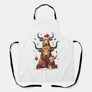 Vintage Christmas Highland Cow Trio Cute Holiday F Apron