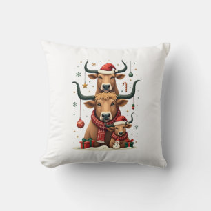 Vintage Christmas Highland Cow Trio Cute Holiday F Cushion
