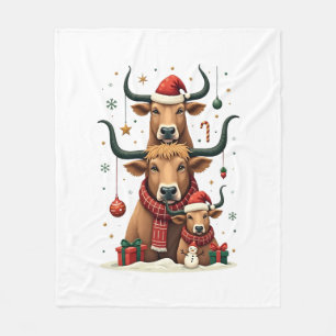 Vintage Christmas Highland Cow Trio Cute Holiday F Fleece Blanket