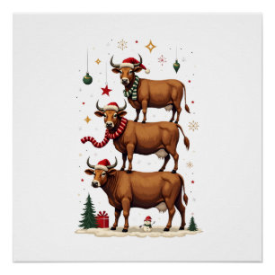 Vintage Christmas Highland Cow Trio Cute Holiday F Poster
