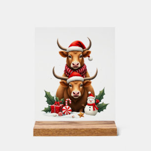 Vintage Christmas Highland Cow Trio Cute Holiday W Acrylic Sign