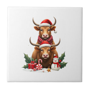 Vintage Christmas Highland Cow Trio Cute Holiday W Ceramic Tile