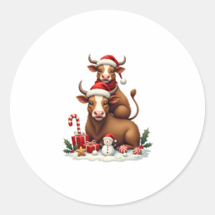 Vintage Christmas Highland Cow Trio Cute Holiday W Classic Round Sticker