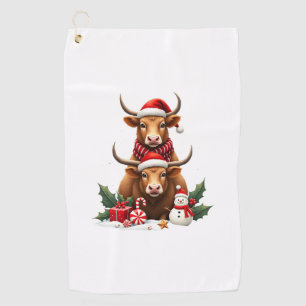 Vintage Christmas Highland Cow Trio Cute Holiday W Golf Towel