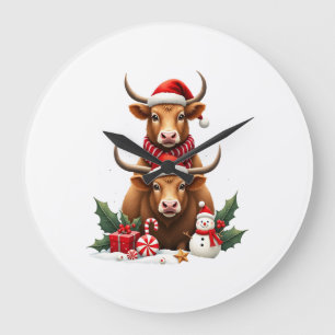 Vintage Christmas Highland Cow Trio Cute Holiday W Large Clock