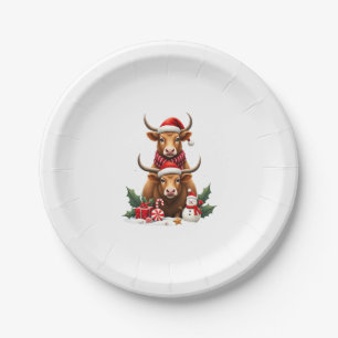 Vintage Christmas Highland Cow Trio Cute Holiday W Paper Plate