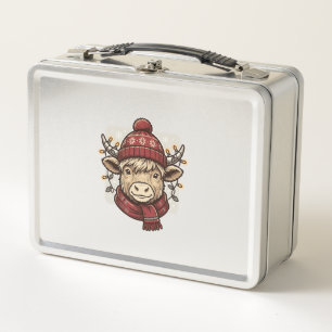 Vintage Christmas Highland Cow Vector Shirt Design Metal Lunch Box