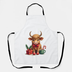 Vintage Christmas Highland Cow with Bow Gift and C Apron