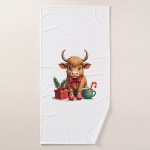 Vintage Christmas Highland Cow with Bow Gift and C Bath Towel