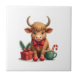 Vintage Christmas Highland Cow with Bow Gift and C Ceramic Tile