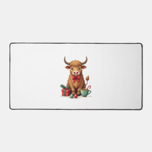 Vintage Christmas Highland Cow with Bow Gift and C Desk Mat