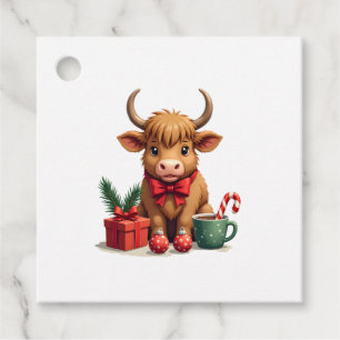 Vintage Christmas Highland Cow with Bow Gift and C Favour Tags