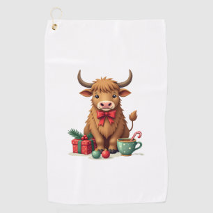 Vintage Christmas Highland Cow with Bow Gift and C Golf Towel