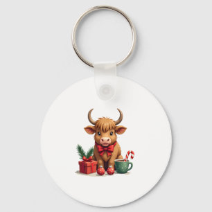 Vintage Christmas Highland Cow with Bow Gift and C Key Ring