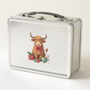 Vintage Christmas Highland Cow with Bow Gift and C Metal Lunch Box