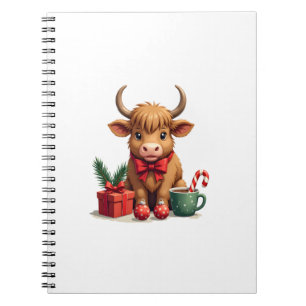 Vintage Christmas Highland Cow with Bow Gift and C Notebook