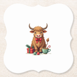 Vintage Christmas Highland Cow with Bow Gift and C Paper Coaster