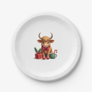 Vintage Christmas Highland Cow with Bow Gift and C Paper Plate