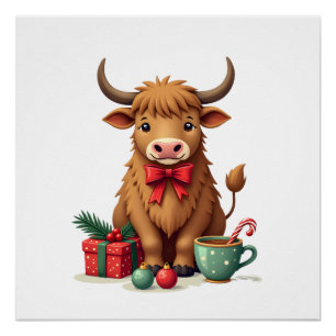 Vintage Christmas Highland Cow with Bow Gift and C Poster