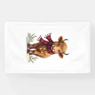 Vintage Christmas Highland Cow with Buffalo Plaid  Banner