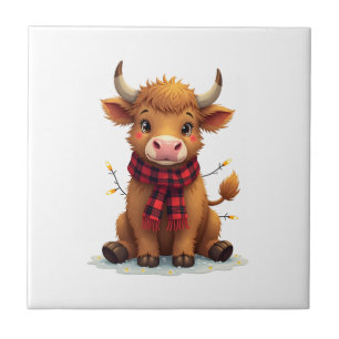 Vintage Christmas Highland Cow with Buffalo Plaid Ceramic Tile
