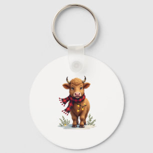 Vintage Christmas Highland Cow with Buffalo Plaid  Key Ring
