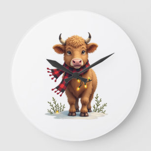 Vintage Christmas Highland Cow with Buffalo Plaid  Large Clock
