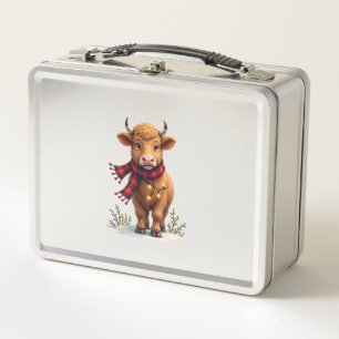 Vintage Christmas Highland Cow with Buffalo Plaid Metal Lunch Box