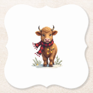 Vintage Christmas Highland Cow with Buffalo Plaid  Paper Coaster
