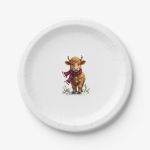 Vintage Christmas Highland Cow with Buffalo Plaid Paper Plate