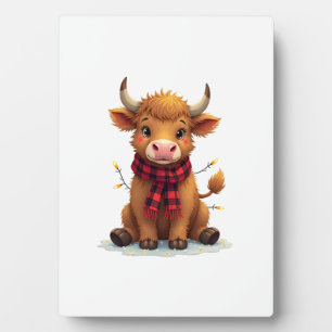 Vintage Christmas Highland Cow with Buffalo Plaid Plaque