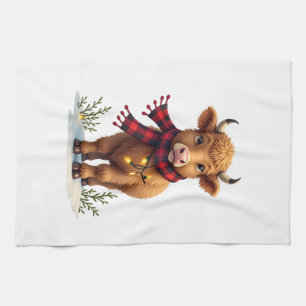 Vintage Christmas Highland Cow with Buffalo Plaid Tea Towel