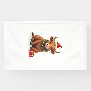 Vintage Christmas Highland Cow with Gifts Cute Hol Banner