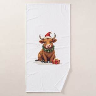 Vintage Christmas Highland Cow with Gifts Cute Hol Bath Towel
