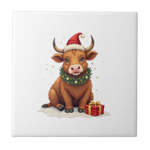 Vintage Christmas Highland Cow with Gifts Cute Hol Ceramic Tile
